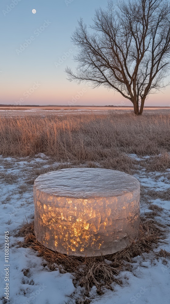 Poster a large round piece of ice with a moon and a tree in the background.