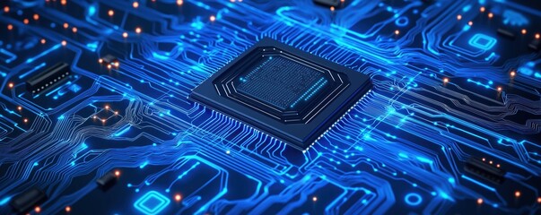 Advanced ai processor chip sits on glowing blue tech circuit board. Futuristic tech concept. Modern computer circuit board with digital circuits, processor. Innovative tech design. Powerful blue