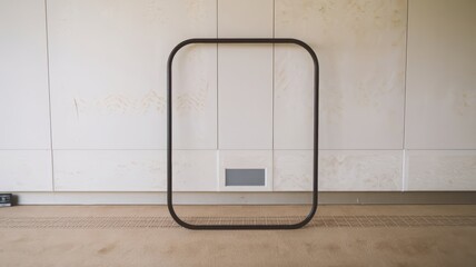 a minimalist black frame with rounded corners, leaning against a white wall