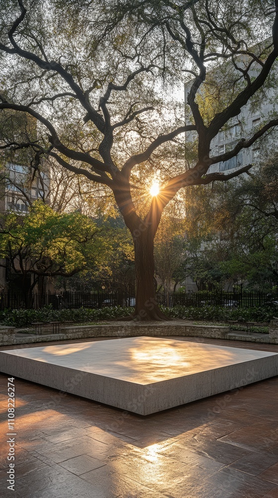 Poster a large tree with bare branches stands in front of a sunrise, casting long shadows on a paved plaza 
