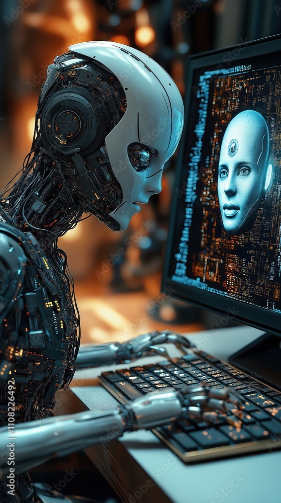 Poster Cyberpunk robotic arm types on keyboard in front of computer screen. Humanoid face appears on screen. Advanced tech concept. Futuristic scene. Robotic arm interacts with data. AI development. Complex