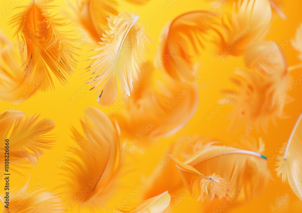Poster bright yellow background filled with delicate floating feathers, creating a sense of lightness and s