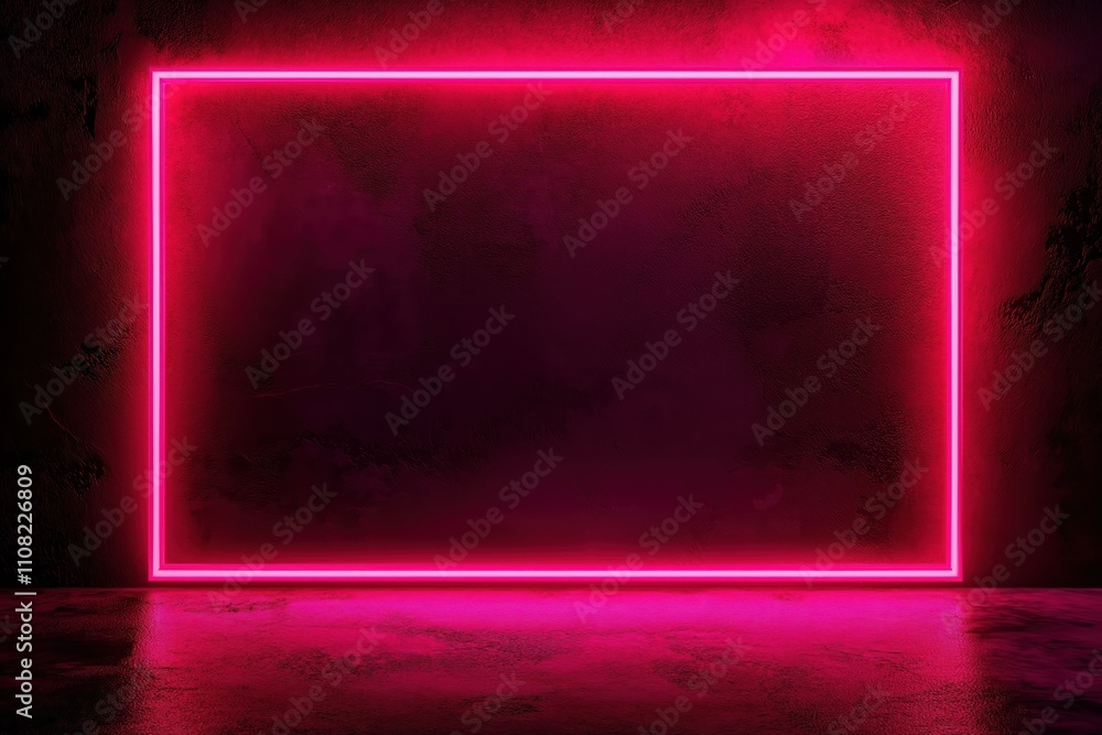 Poster neon pink glowing rectangle frame on dark wall. grunge wall background. modern abstract design. empt