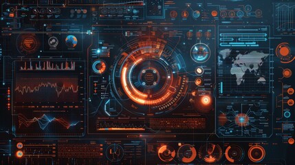 Futuristic digital dashboard displaying data analytics and visualizations.