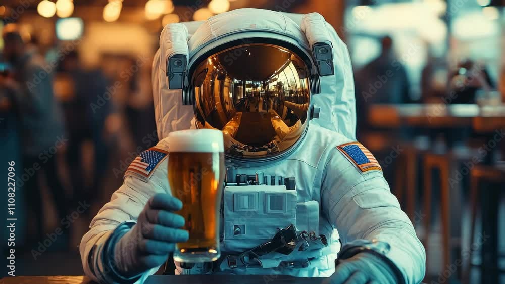 Poster generative ai of unrecognizable astronaut in protective helmet and spacesuit sitting at table with g