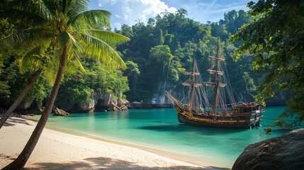 A pirate ship anchored near a tropical island with a sandy beach, palm trees, and a hidden cove in the background