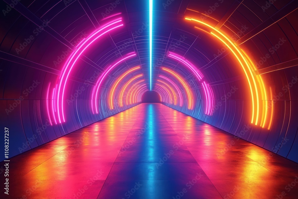 Poster futuristic tunnel with vibrant neon lights. colorful glowing lines create dynamic abstract design. m