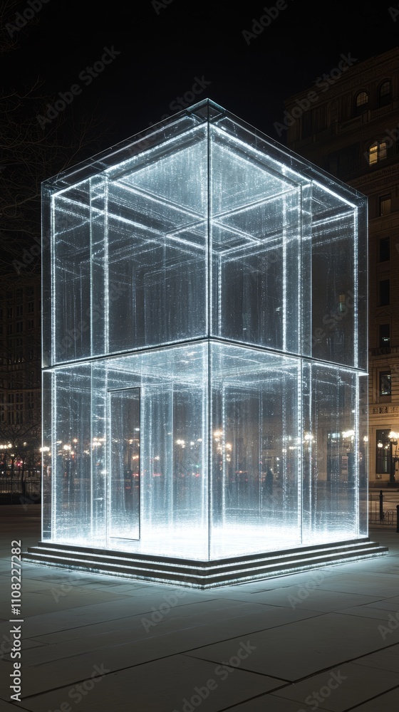 Poster a large, illuminated glass cube sculpture stands on a concrete platform at night. the cube appears t