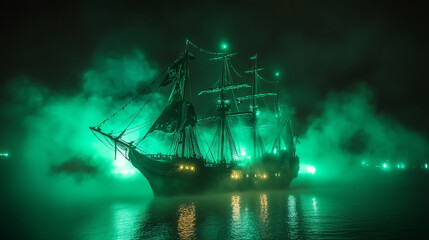 Fototapeta premium A ghostly pirate ship glowing in the moonlight, sailing through fog with tattered sails and eerie green lights