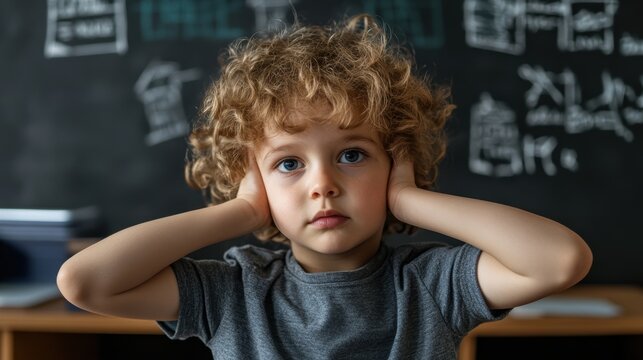 Child covering ears in classroom showing dyscalculia challenges
