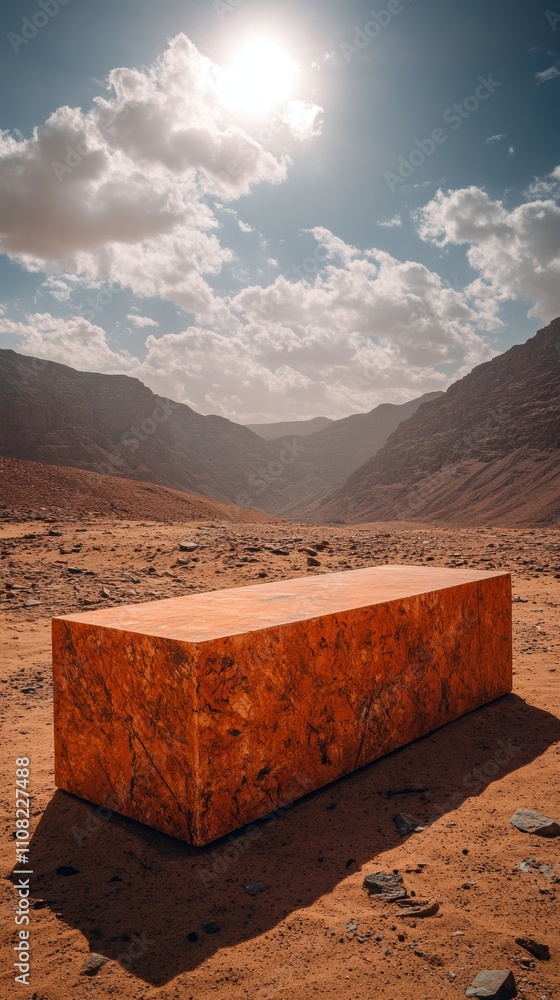 Poster a large, rectangular block of stone sits in a desert landscape with mountains in the background and 