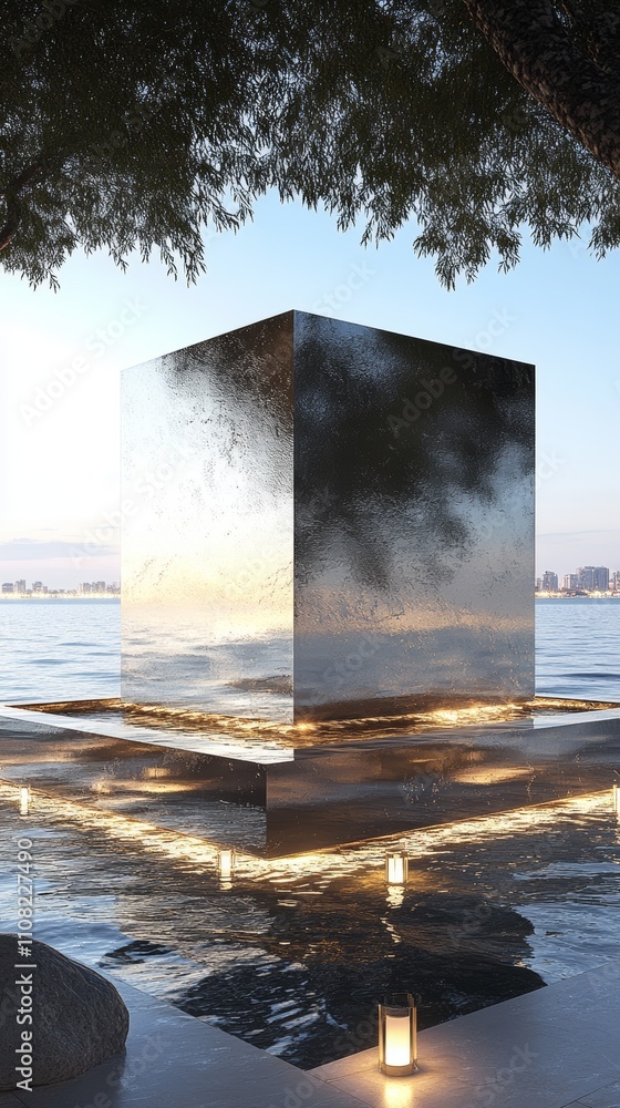 Poster a large, reflective cube stands in a pool of water, reflecting the sky and the cityscape in the dist