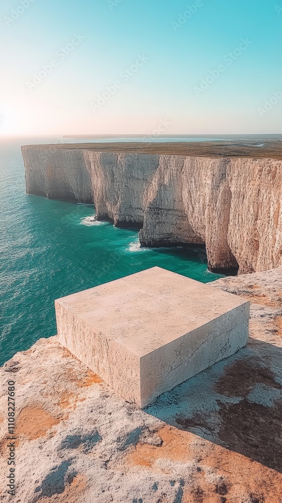 Poster a large, square stone platform sits on a cliff overlooking a vast ocean. the platform is made of a l