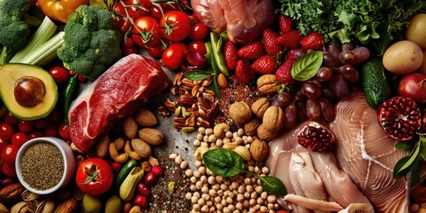 Variety of fruits and vegetables are displayed on a table, including broccoli