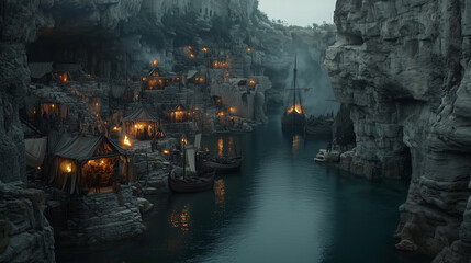 Obraz premium A pirate cove hidden within rocky cliffs, with makeshift huts, anchored ships, and fires glowing warmly in the distance