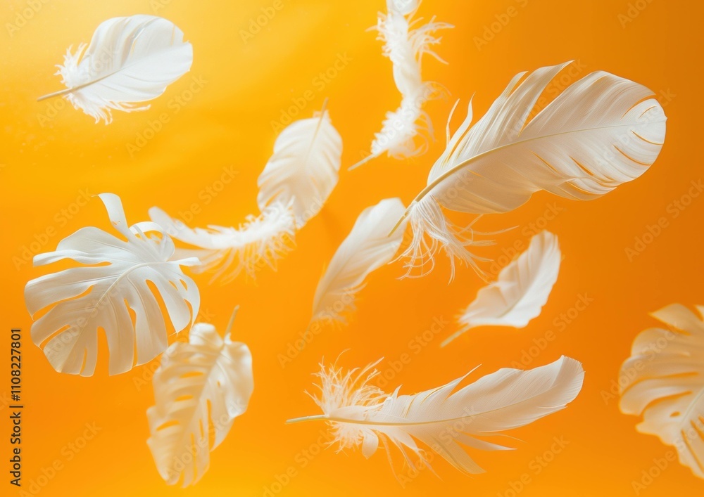 Poster white feathers floating gracefully against a vibrant orange background, creating a sense of lightnes