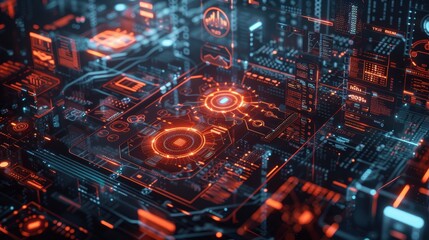 Obraz premium Futuristic digital circuit board with glowing elements and data flow.