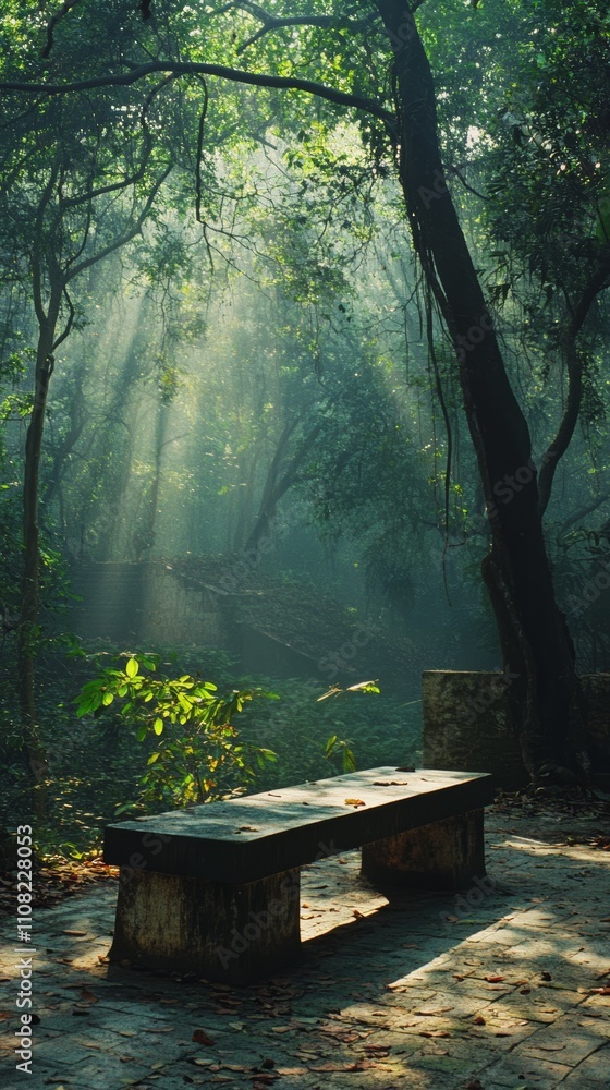 Poster a lone bench in a misty forest with sunlight streaming through the trees.