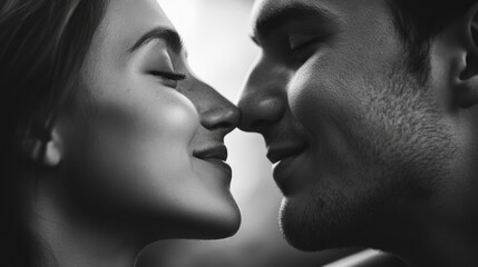 Obraz premium Man and woman are kissing each other's noses