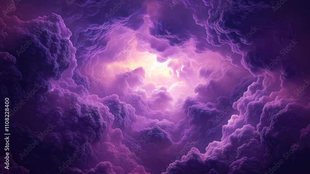 Poster abstract fantasy cloudscape. purple fractal shapes. 3d render illustration. purple clouds gather aro