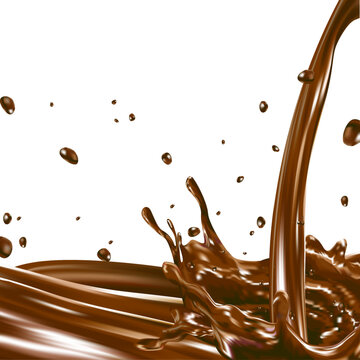 Chorro y splahs de chocolate sobre chocolate liquido derretido aislado en fondo transparente vector ilustraci&oacute;n alta resoluci&oacute;n editable chapoteo