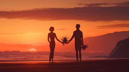 황혼 속 해변에서 꽃을 들고 마주 서 있는 두 사람, AI 생성