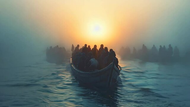 An evocative generative AI portraying a group of migrants crossing misty waters in a small boat, facing the unknown. Generative AI 4K Video