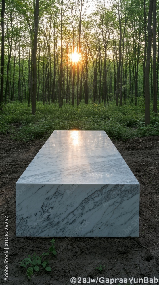 Poster a marble table sits in a forest clearing with the sun setting in the background.
