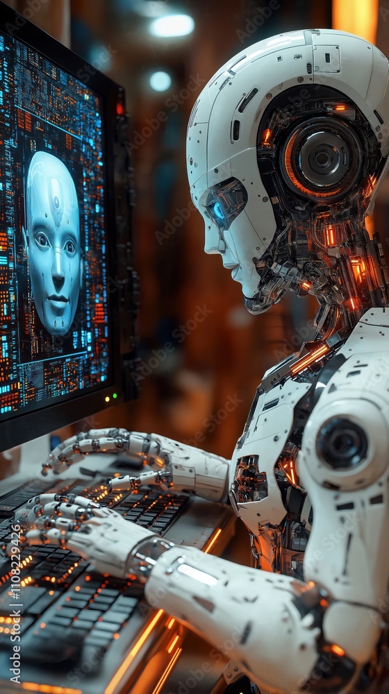 Aufkleber Robotic arm works on pc. Cyberpunk style. Humanoid face appears on monitor. Tech future. Complex circuits. Futuristic design. Advanced technology. Artificial intelligence. Cybernetic body. Robotics.