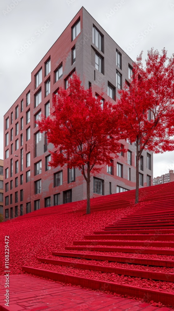 Poster a modern apartment building with red trees and stairs in front.