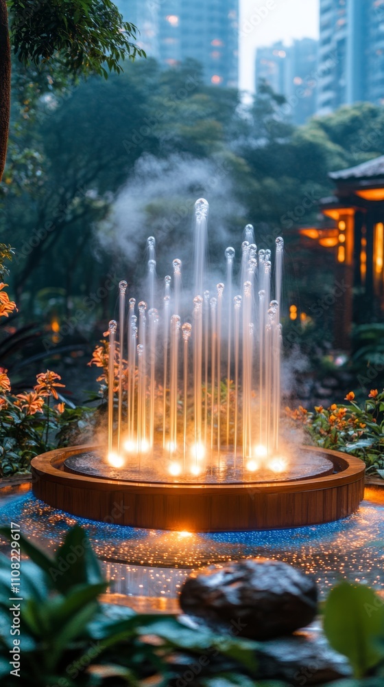 Poster a modern fountain in a garden setting with a circular basin and a tower of jets.