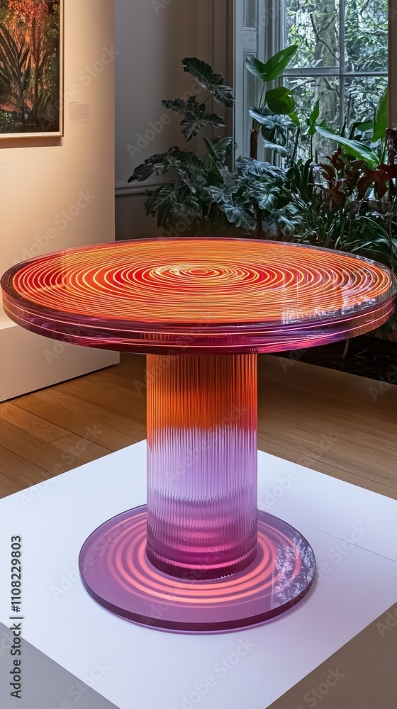 Poster a modern glass table with a circular top and a cylindrical base, featuring a swirling pattern in ora