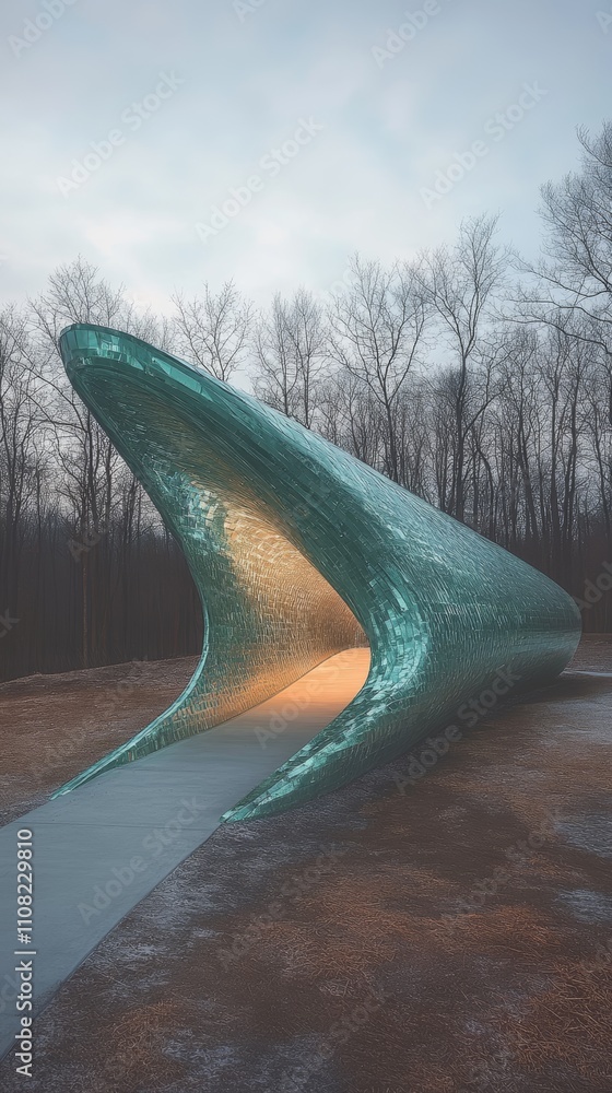 Poster a modern glass structure with a curved shape, illuminated from within, set against a backdrop of a f