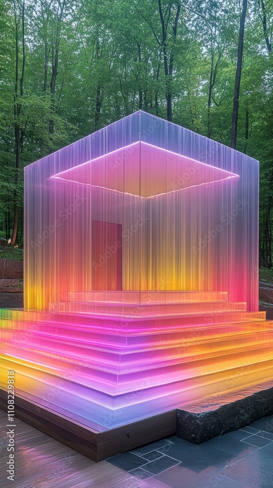 Poster a modern glass structure illuminated with colorful lights stands in a forest setting.
