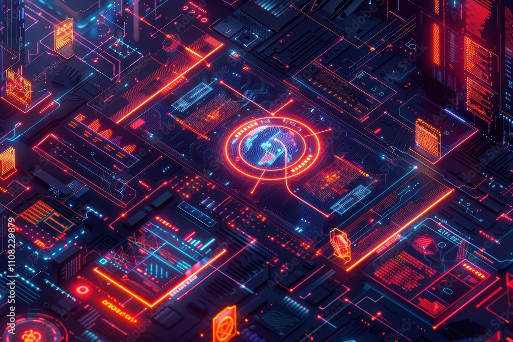 Poster futuristic digital interface showcasing global data and technology connections.