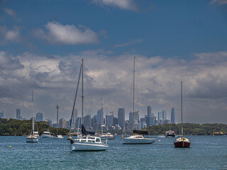Fototapeta premium Yachts Anchored On Calm Sea Before Sydney