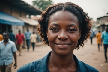 Fototapeta premium Close portrait of a smiling 40s Congolese woman looking at the camera, Congolese city outdoors blurred background