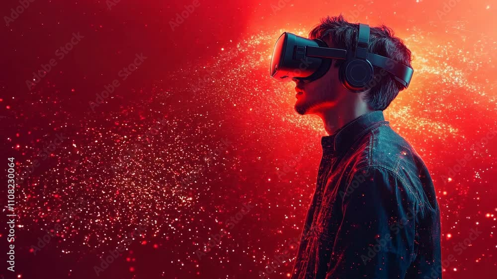 Poster man wearing a virtual reality headset is standing in front of a red background. hyperrealistic video