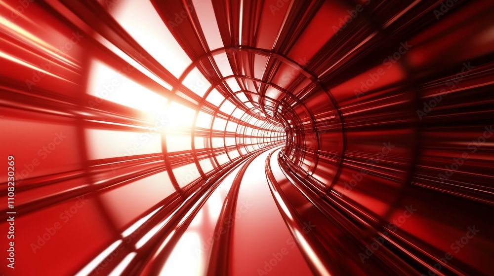 Poster vibrant red tunnel creating an illusion of speed and movement through an abstract structure