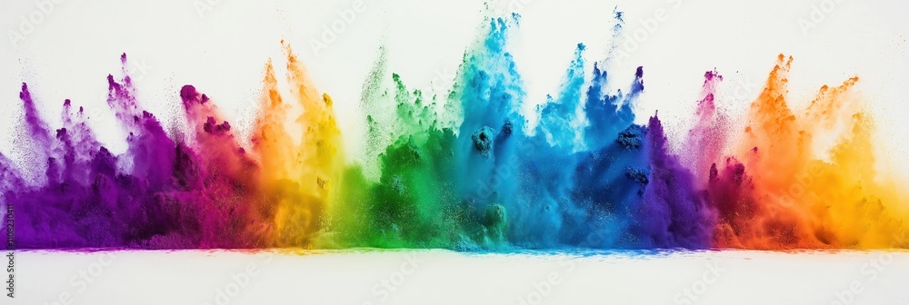Poster Rainbow colored powder explodes on white background. Impressionist collages with primary colors blue, green create vibrant design. Abstract art with strong color impact. Expressive image for
