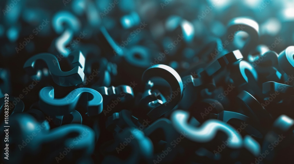 Poster abstract blue question marks scattered in a blurred background, symbolizing curiosity and inquiries.