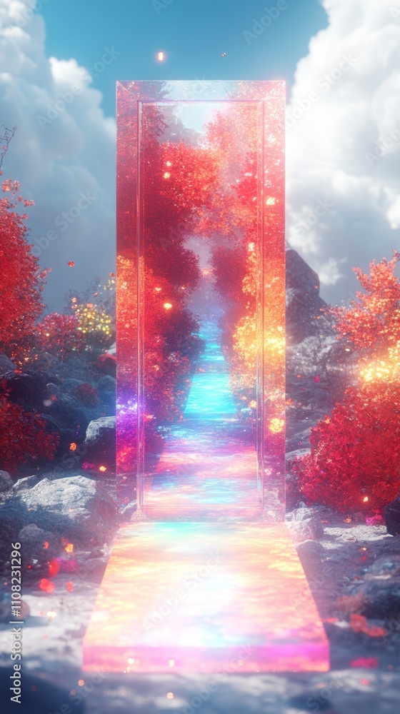 Aufkleber a mystical gateway to another world with a glowing path leading through a vibrant forest.