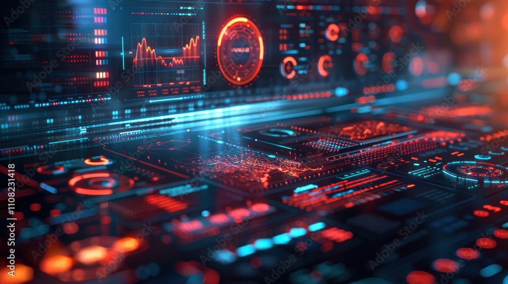 Aufkleber futuristic digital interface with glowing elements and data visualizations.