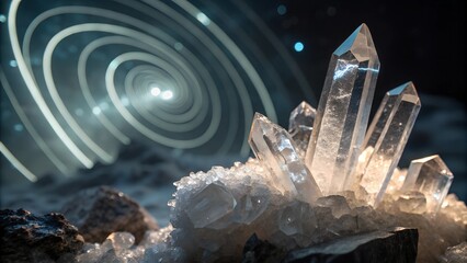 Obraz premium Ethereal Crystal Cluster with Illuminated Spiral Background, Ideal for Mystical Concepts, Energy Healing, Fantasy Themes, Metaphysical Art, and Futuristic Aesthetics