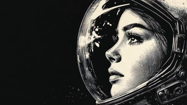 Woman in a space suit is looking out of a window. hyperrealistic Video