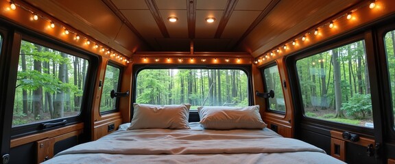 Fototapeta premium Cozy Camper Van Interior with Ambient String Lights Overlooking a Serene Forest View