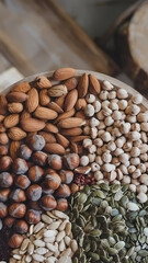 Obraz premium A wooden bowl contains various nuts and seeds, including almonds, hazelnuts, pumpkin seeds, sunflower seeds, and chickpeas. The nuts and seeds are arranged in distinct sections within the bowl. The i