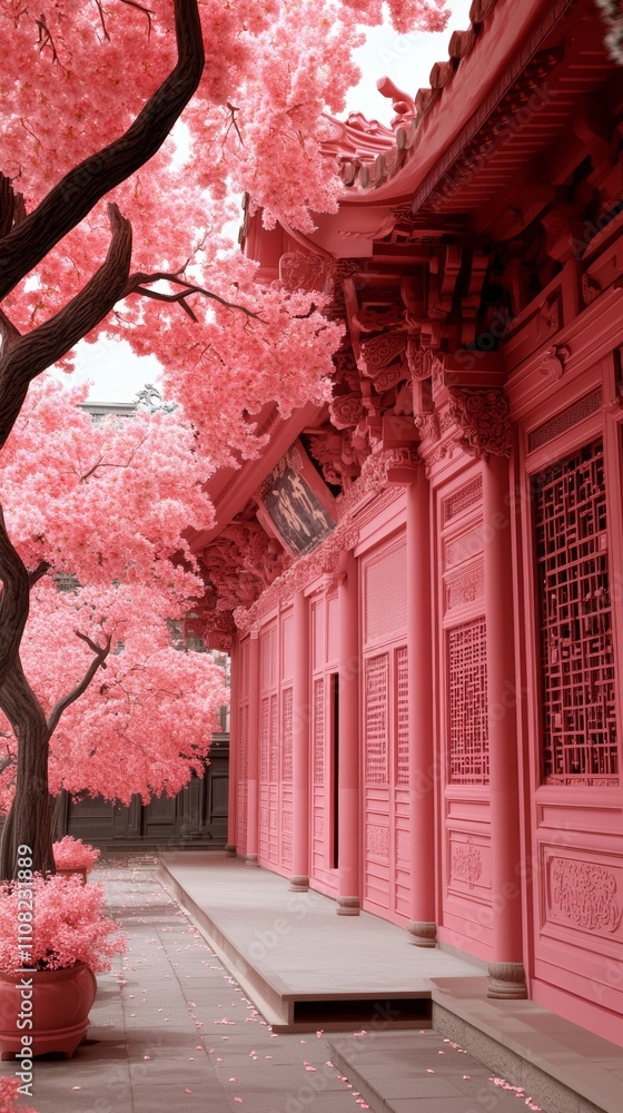 Poster a pink blooming tree with a pink building and path behind it.