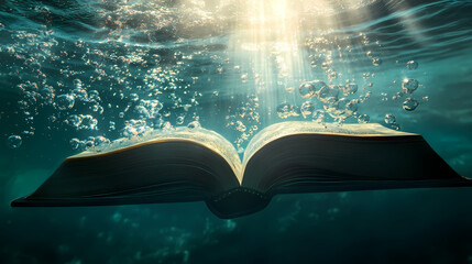 Open book submerged underwater with bubbles and sunlight. Shadowed. Illustration