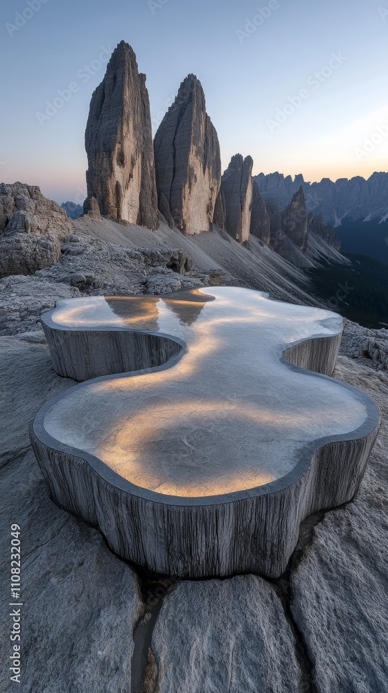 Poster a pool of water sits on a mountain top with three sharp peaks in the background.